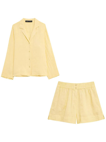 HH 2025 Casual Women Linen Shirt Shorts Sets Summer Lapel Single-Breasted Long Sleeves Shirt Top+Elastic Waist Pocket Shorts