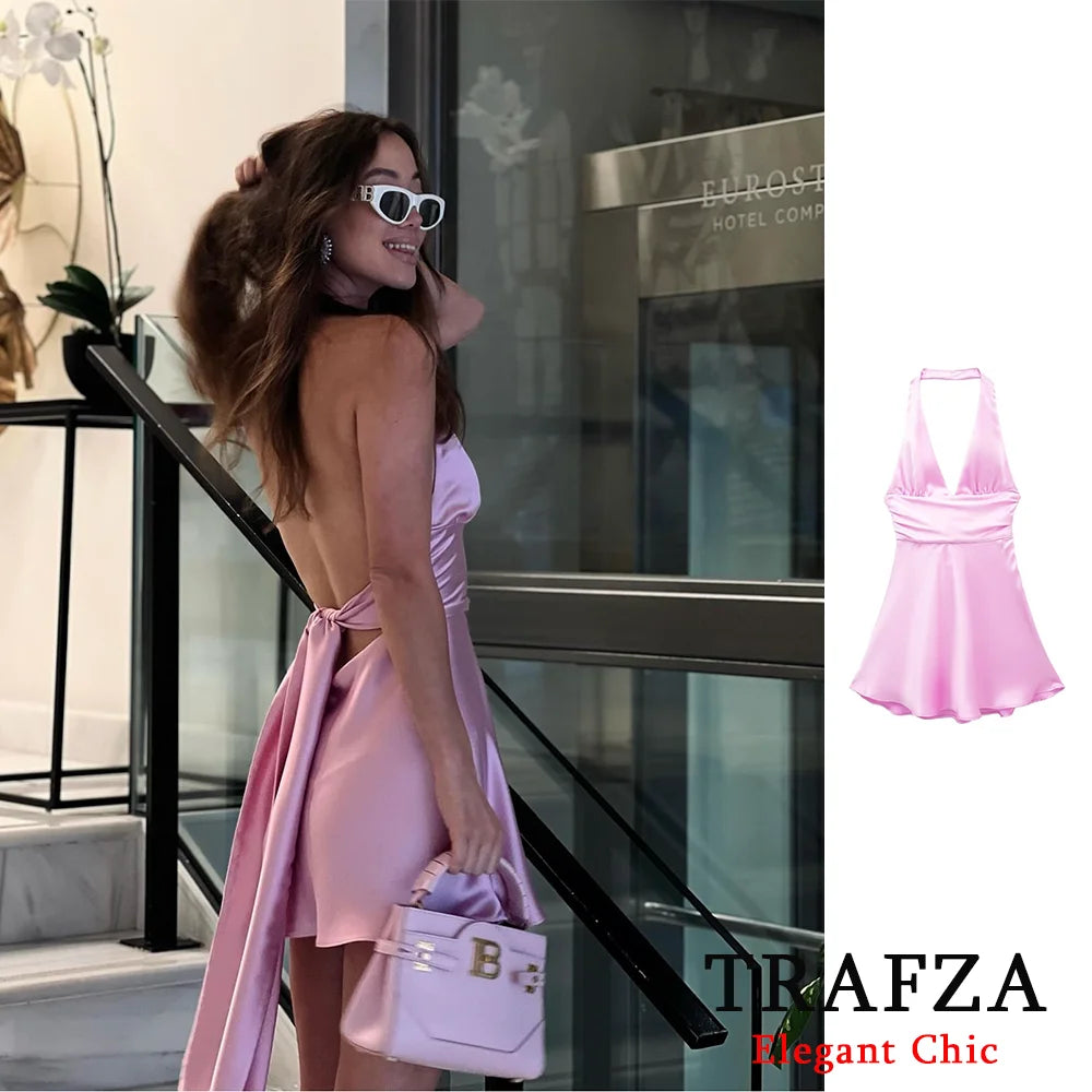 TRAFZA Sexy Solid Mini Women Dress Fashion 2024 Summer Satin Halter Bow Tie Dress Elegant Female Dress Beach Holiday Party Dress