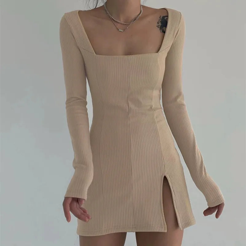 Sexy Knitted Sheath Dress Summer Women Solid Colors High Waist Pullover Style Long Sleeve 2023 Fashion Streetwear Split Dress