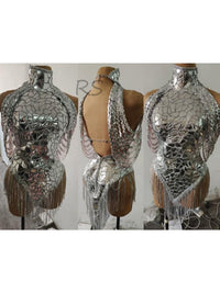 Rhinestone Sparkly Silver Sequins Leotard Bling Sexy Dance Fringes Bodysuit Costume Birthday Singer Stage Wear