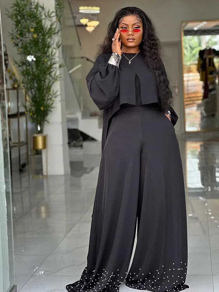 Spring Clothes for Women 2 Piece Sets Women Outfit Lantern Sleeves Suit with Wide Pants and Top High Street Ladies Elegant Sets