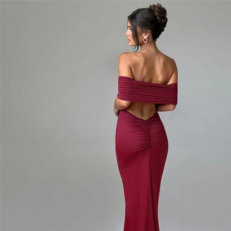 Women's Slim Sexy Strapless Long Dress Temperament Solid Color Hip Sleeveless Off-shoulder Backless Package Club Party Dresses