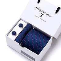 High Quality 7.5 cm Stripe Blue Tie Pocket Square Cufflinks Set For Men Gift Box Wedding Gravatas Fit Workplace