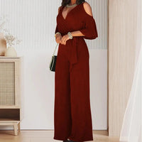 2023 Spring And Autumn Women Jumpsuit Hollowed Out Strapless Solid Color Women Jumpsuit V-neck High Waist Belt Wide-leg Pant