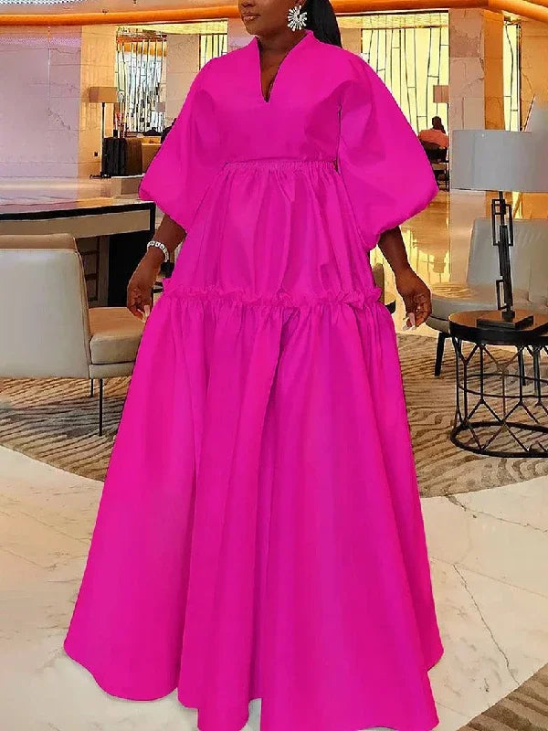 Women Minimalist Solid Color Puff Sleeves Falbala Party Evening Dress  New Spring Autumn Loose Casual Maxi Dresses