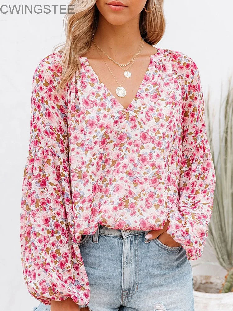 Summer Floral Women Blouses And Tops Fashion V Neck Long Sleeve Elegant Office Work Lady Shirts Plus Size Casual Chiffon Blouse