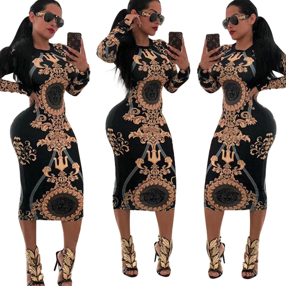 Women Spring Summer Sexy Print Bodycon Dress Long Sleeve Knee-length Casual Vintage Dress Elegant Slim Midi Party Dress Vestidos