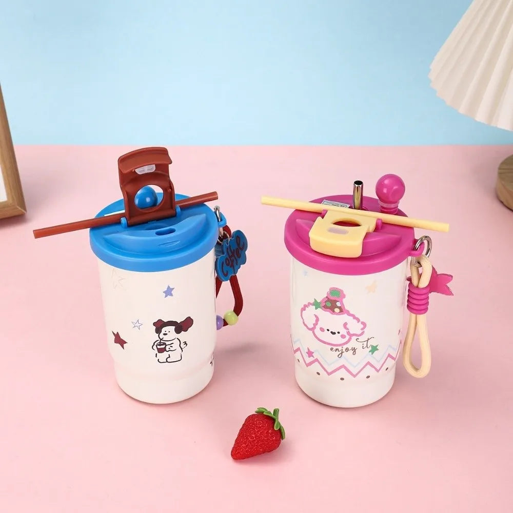 Stainless Steel Double Drink Insulated Cup Cartoon Leak-Proof Vacuum Straw Cup with Straw Vacuum Insulated Coffee Cup Travel