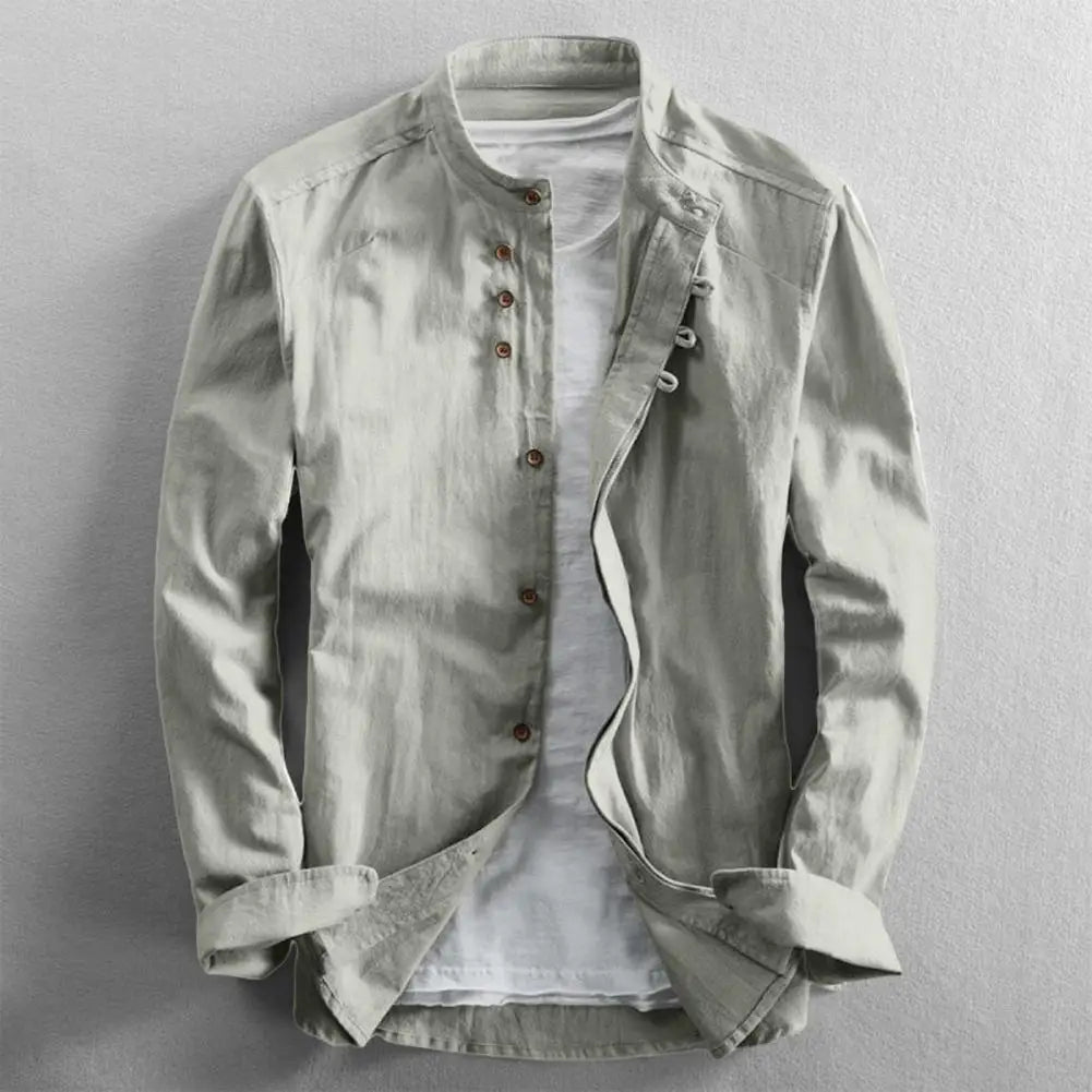 Men's Retro Buckle Long Sleeved Shirt 2025 Spring Autumn Casual Linen Buttoned Shirt Slim Fit Stand Up Collar Shirt Jacket