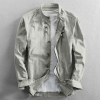 Men's Retro Buckle Long Sleeved Shirt 2025 Spring Autumn Casual Linen Buttoned Shirt Slim Fit Stand Up Collar Shirt Jacket