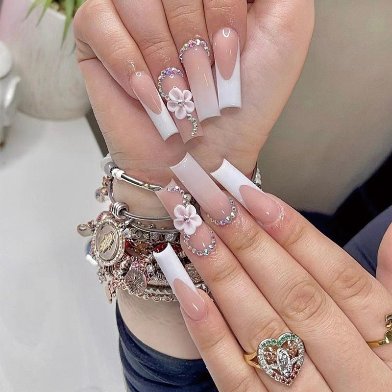 24pcs False Nails with glue flower design Long Coffin French Ballerina Fake Nails Full Cover acrylic Nail