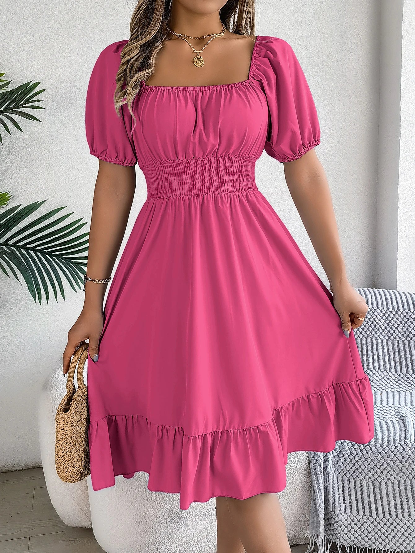 Spring Summer Elegant High Waisted Dress Square Neck Short Sleeved Ruffled Edge Long Dresses 2026 Valentine's Day Woman Clothing