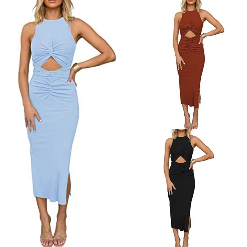 Women Bodycon Dress Wrap Split Midi Dress Midriff Cutout Dress Twist Ruched Dress Slit Bodycon Ruched Wrap Dress