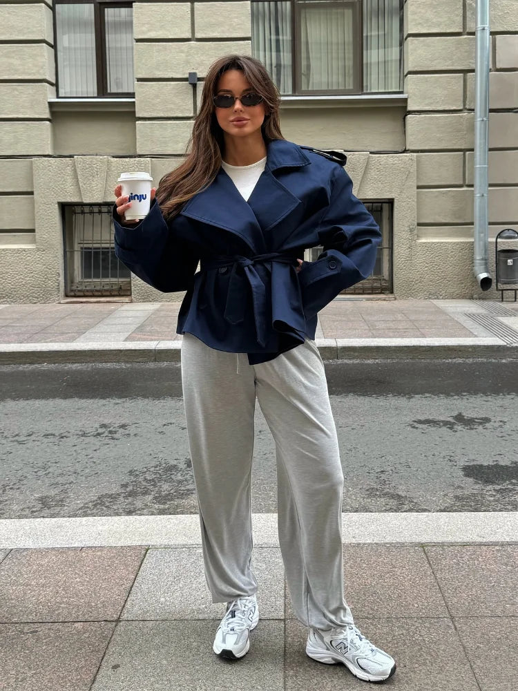Women V-neck Lapel Belt Trench Coat Fashion Lace Up Full Sleeve Button Short Thin Windbreak 2025 New Lady Daily Street Outerwear