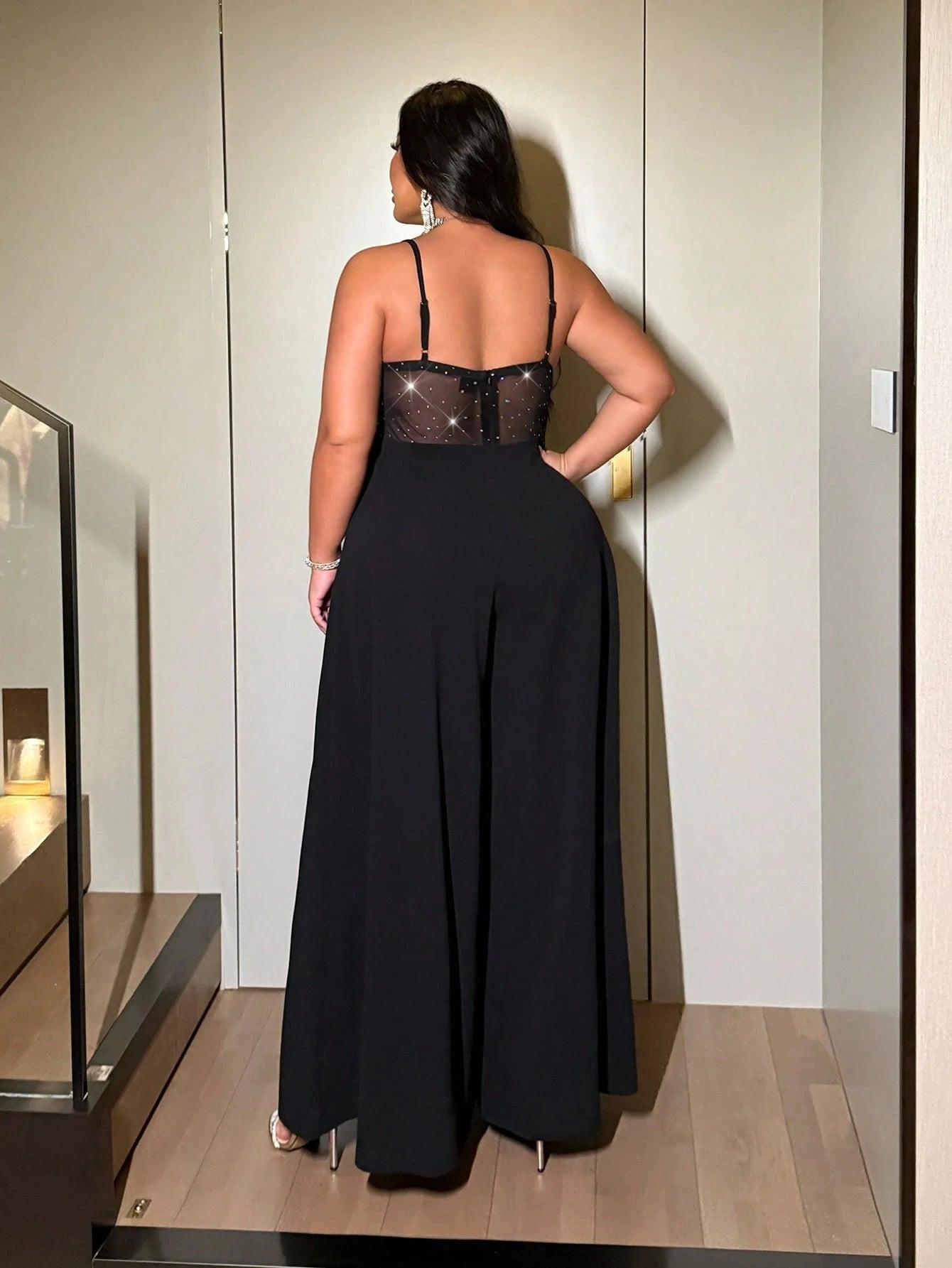 Large size women's sexy party suspender with shiny and shiny elastic mesh wide leg jumpsuit and fashionable jumpsuit