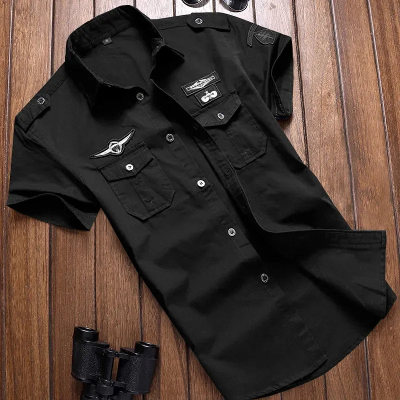 2023 New Mens Military Shirt Men Short Sleeve Cargo Shirts 100% Cotton Casual Solid Shirt Male Pocket Work Shirt