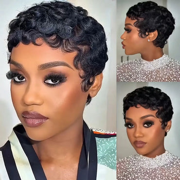 #1B Black Short Curly Pixie Cut Wigs For Women Curly Wig Brazilian Remy Human Hair Short Bob Full Machine Made Wig 150% Density