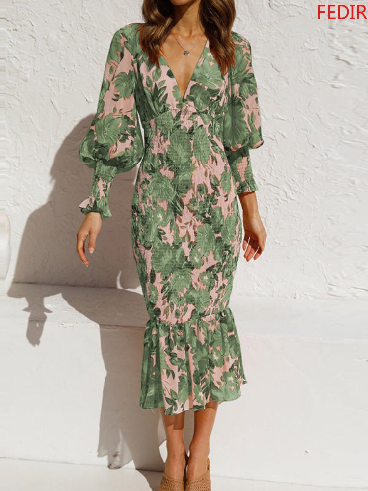 New In Summer Women's Dress Lantern Sleeve Printed Evening Women Dress Elegant Party Long Formal Occasion Dresses for Women 2023