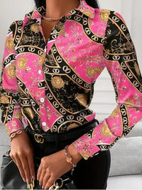 Women's Color Block Chain Print Button Shirt   Stylish and Comfortable Long Sleeve Top for Spring and Fall