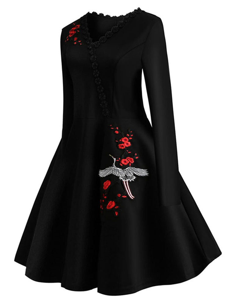 Women Embroidery Vintage Dress Black Elegant Bodycon Party Dresses