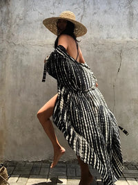 Fitshinling Summer Vintage Kimono Swimwear Halo Dyeing Beach Cover Up With Sashes Oversized Long Cardigan Holiday Sexy Covers