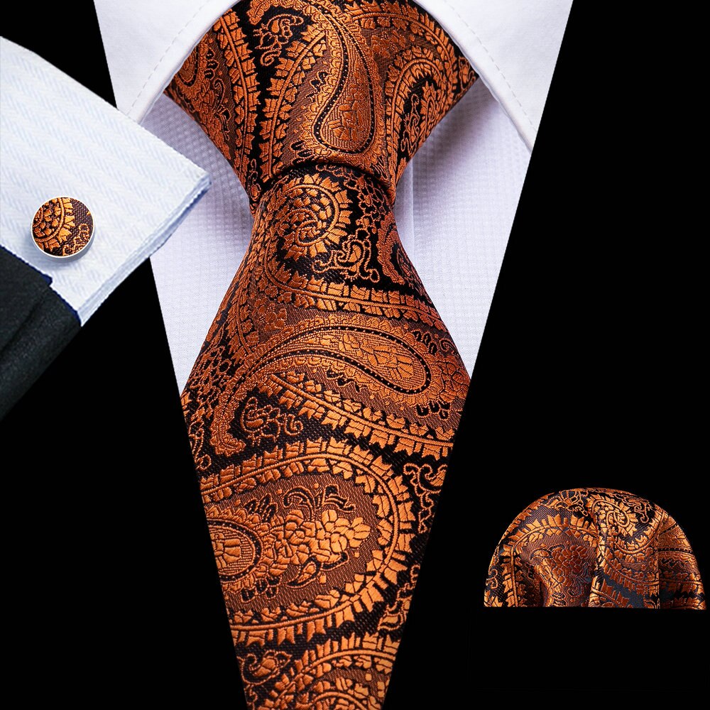 Retro Orange Floral Men Tie Set Silk Jacquard Necktie Wedding Business Handkerchief Cufflinks Tie Barry.Wang Designer FA-5346