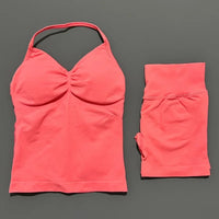 2 Pieces Sports Set Women Backless Halter Tops Fitness Tank Top High Waist Seamless High Stretch Shorts Gym Workout Sets