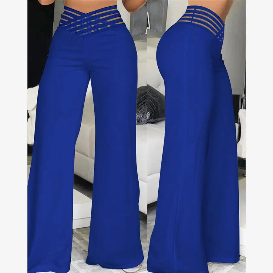 High Waist Sheer Mesh Patch Wide Leg Pants Women's Casual Trousers Polyester Long Pants Versatile Style Regular Thickness