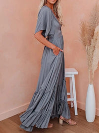 Flounced Edge Maxi Dresses for Women 2022 Maternity Short Sleeve V Neck Sexy Beach Wear Loose Fit Solid Summer Dress High Waist