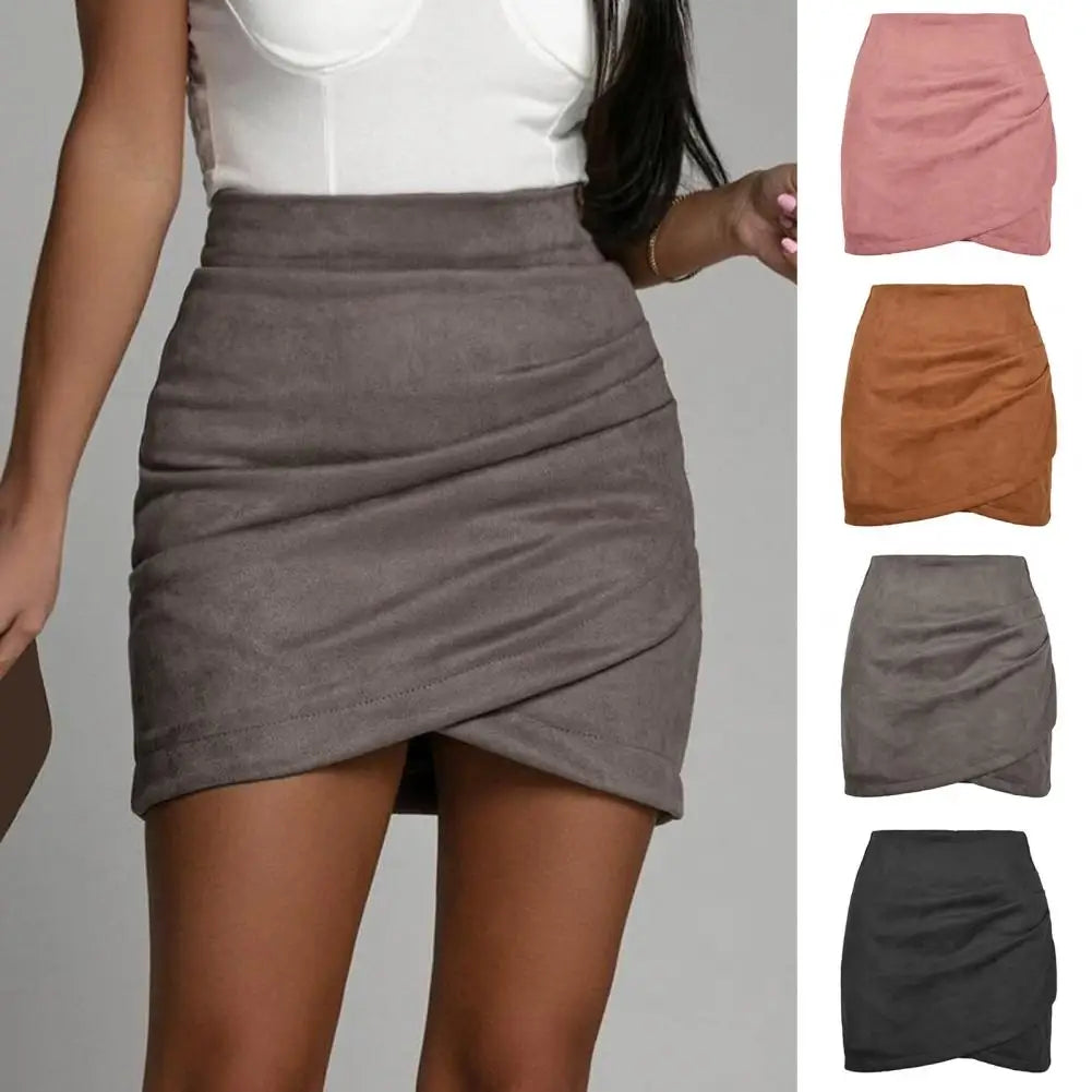 Chic Mini Skirt Colorfast Bodycon Skirt Zipper Closure Office Lady Sexy Pleated Suede Pencil Short Skirt  Versatile