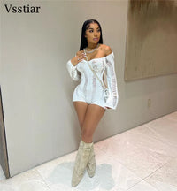 Vsstiar Sexy Hollow Out One Piece Women Playsuits Hipster Long Sleeve Backless Knitted Rompers See Through Summer Party Jumpsuit