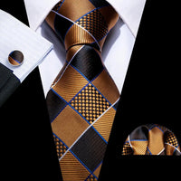 Barry.Wang Plaid Silk Men Tie Hanky Cufflinks Set Checked Jacquard Necktie for Male Formal Casual Wedding Business Party Events