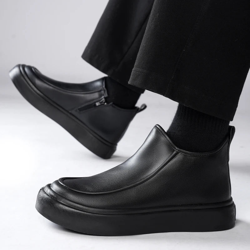 Men's Black Boots Versatile Casual Leather Boots Zipper PU Flat Bottom Casual Walking Shoes Autumn and Winter Men One Foot Shoes