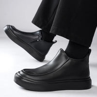 Men's Black Boots Versatile Casual Leather Boots Zipper PU Flat Bottom Casual Walking Shoes Autumn and Winter Men One Foot Shoes