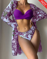 Floral Print Bikini Set Women Low Waist Twist Swimsuit Long Sleeve Cover Up Three Pieces 2023 Summer Beach Bathing Suit Swimwear