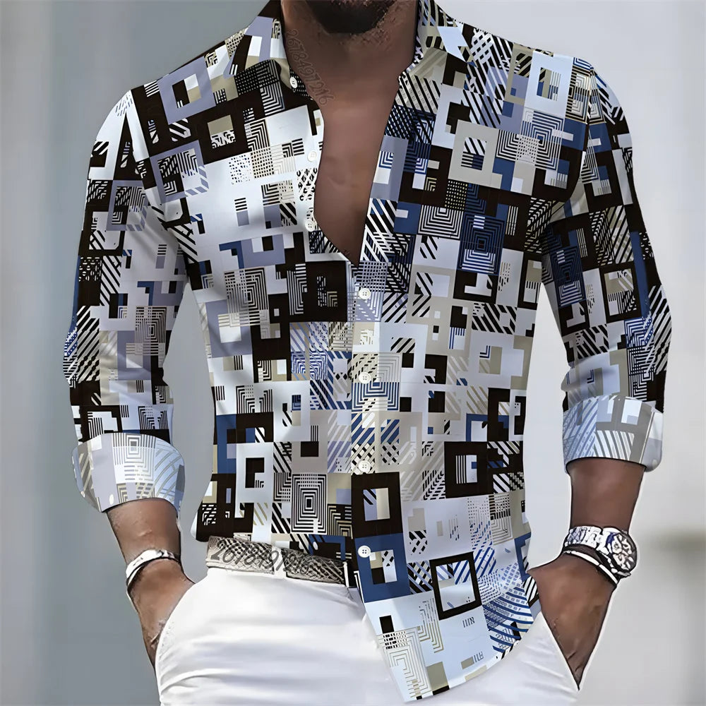 European and American style color-blocked geometric abstract print men's long-sleeved shirt, versatile top for spring and autumn