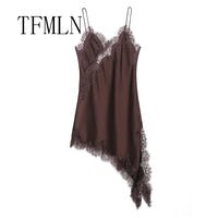 TFMLN Women Sexy Lace Splicing Dresses Summer Solid Sleeveless Asymmetry Dress Backless Slim Women's  Party Sling Mini Dress