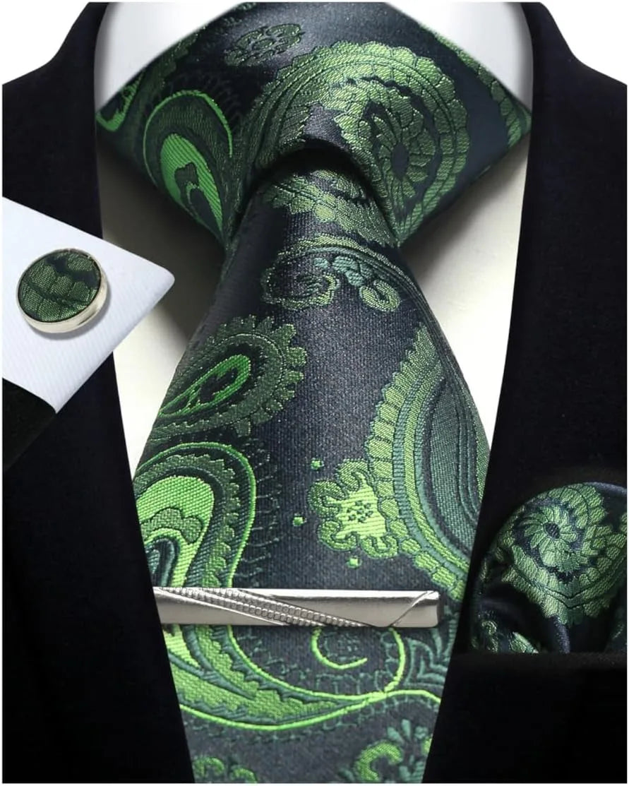 Mens Tie Set Silk Silver Paisley Floral Necktie and Pocket Square Cufflinks Tie Clip Classic Formal Ties for Men Wedding Party