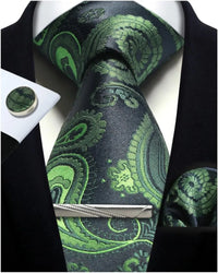 Mens Tie Set Silk Silver Paisley Floral Necktie and Pocket Square Cufflinks Tie Clip Classic Formal Ties for Men Wedding Party