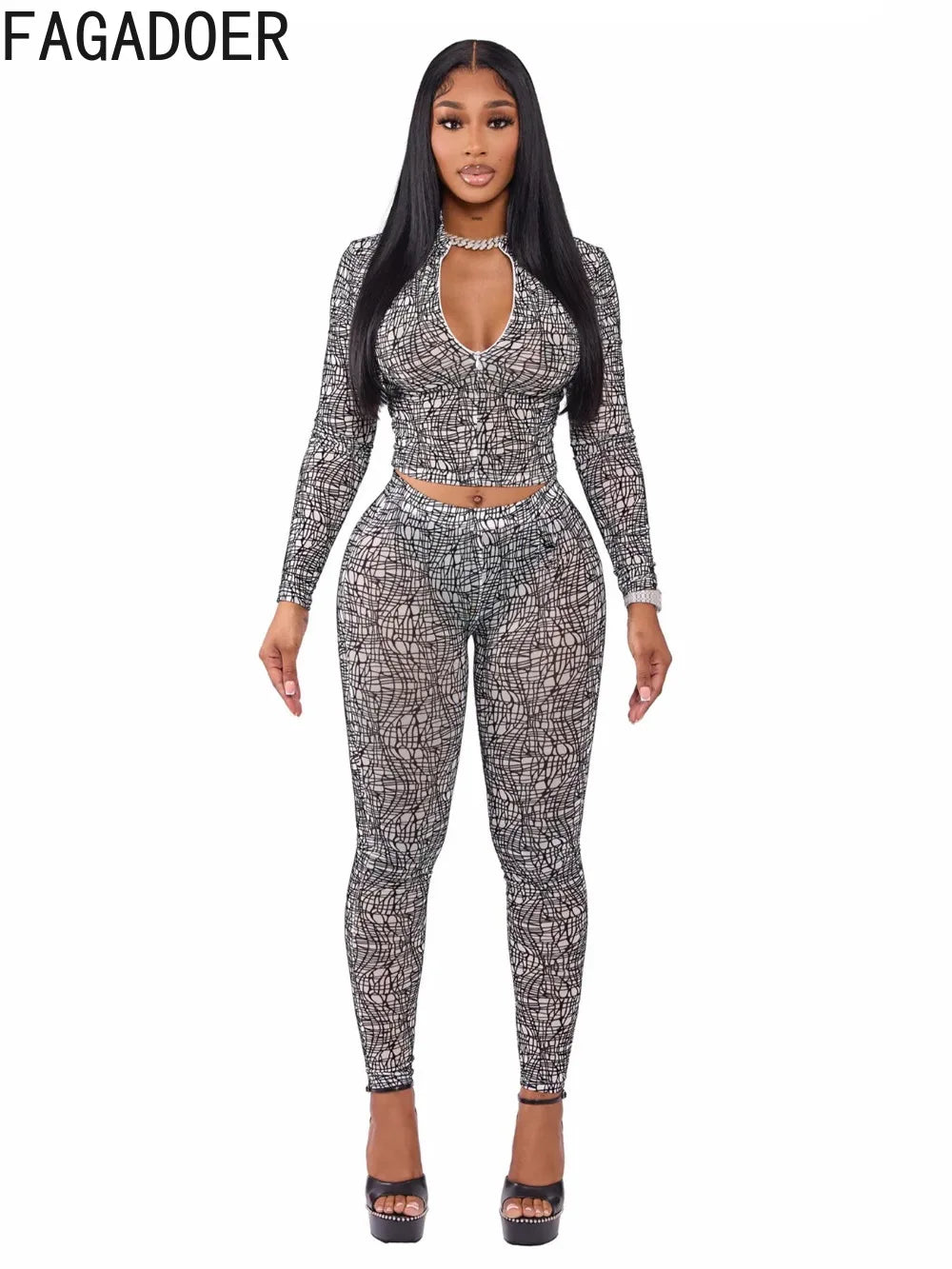 FAGADOER Sexy Stripe Patchwork 2 Pieces Set for Woman Outfit Solid Long Sleeves Crop Top and Leggings Pants Female Streetwear