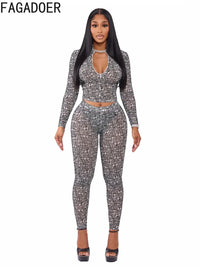FAGADOER Sexy Stripe Patchwork 2 Pieces Set for Woman Outfit Solid Long Sleeves Crop Top and Leggings Pants Female Streetwear