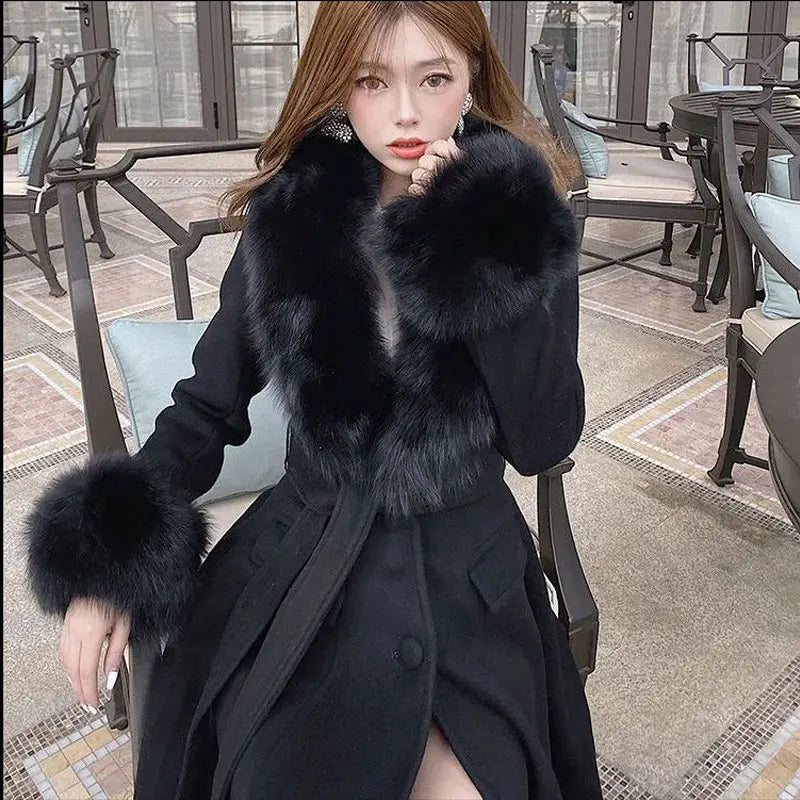 Winter 2025 Woolen Coat For Women Mid-Length Tie Slimming Fashionable Elegant Evening Dress Artificial Fur Collar Coats Female
