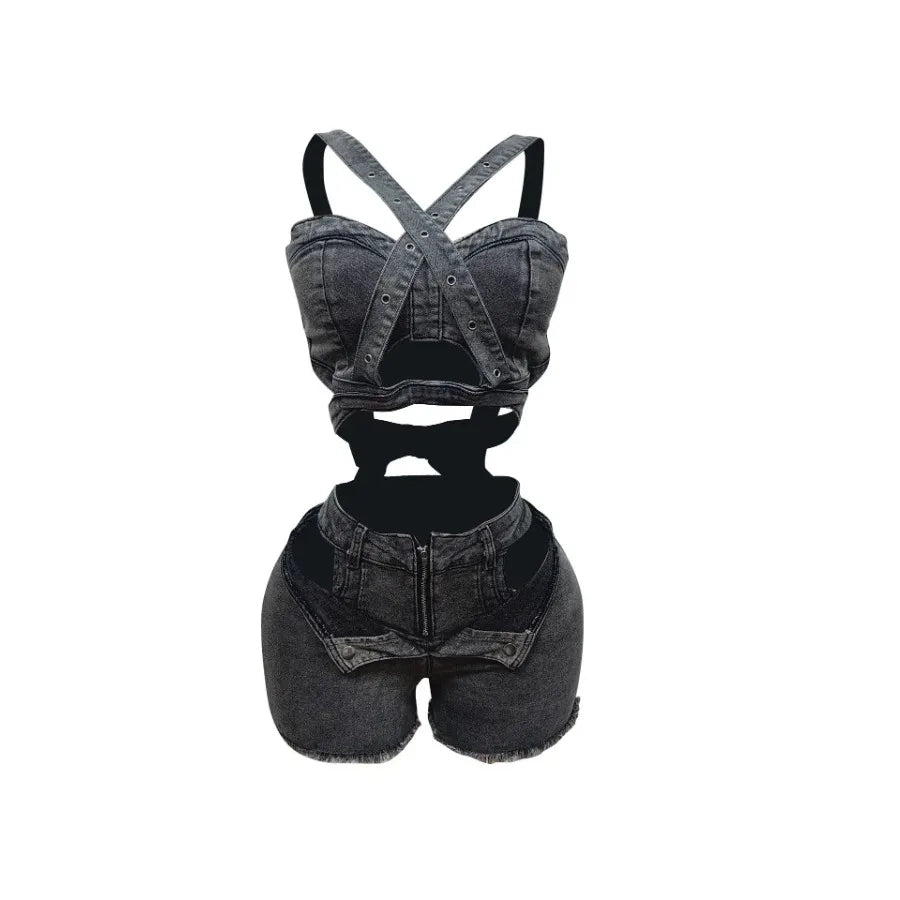 2 Piece Sets Women Denim Shorts Suit Sexy Vest Top Strap Backless Jeans Short Pants Pockets Outfits 2025 Streetwear Ensemble