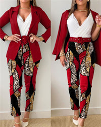 Two Piece Set Women Formal Office Suit with Belt Slim Elegant Pant Sets Autumn Long Sleeve Blazer Floral Print Women's Outfits