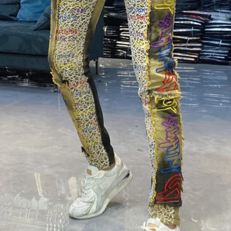 Men's Letter Embroidery Jeans New Punk Motorcycle Pants Jean Homme Elastic Slim Fit Versatile Jean For Men Hip Hop Jean Hombre