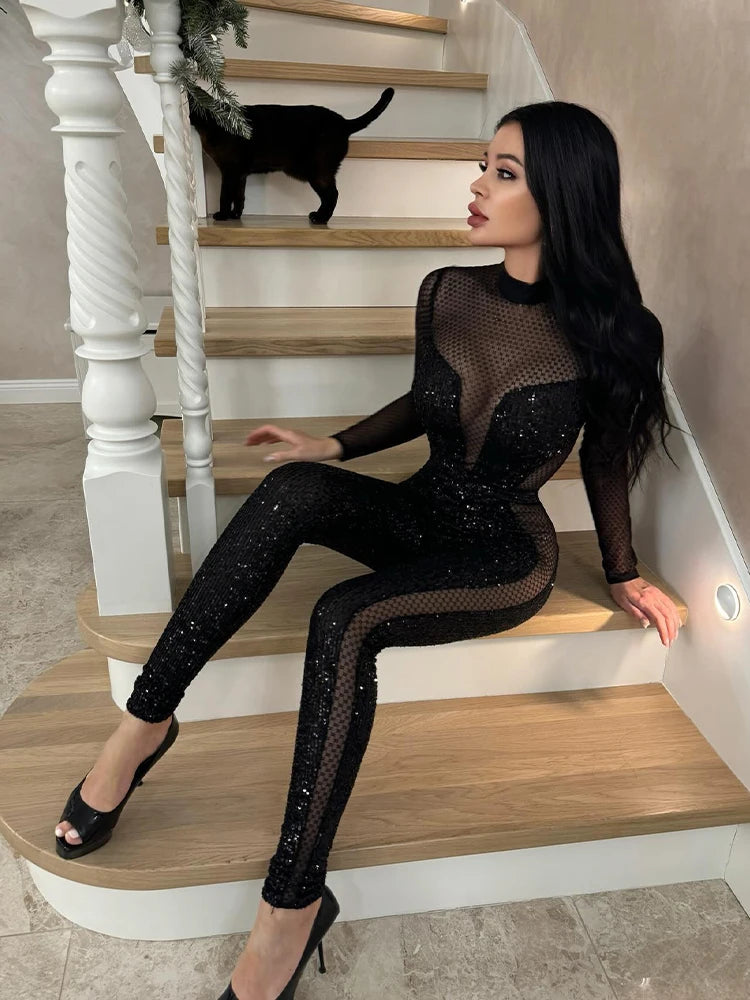 Mesh Patchwork Jumpsuits For Women Fashion Sexy Club Sequined Long Sleeves O-Neck Slim Fit See Through Romper Female Streetwear