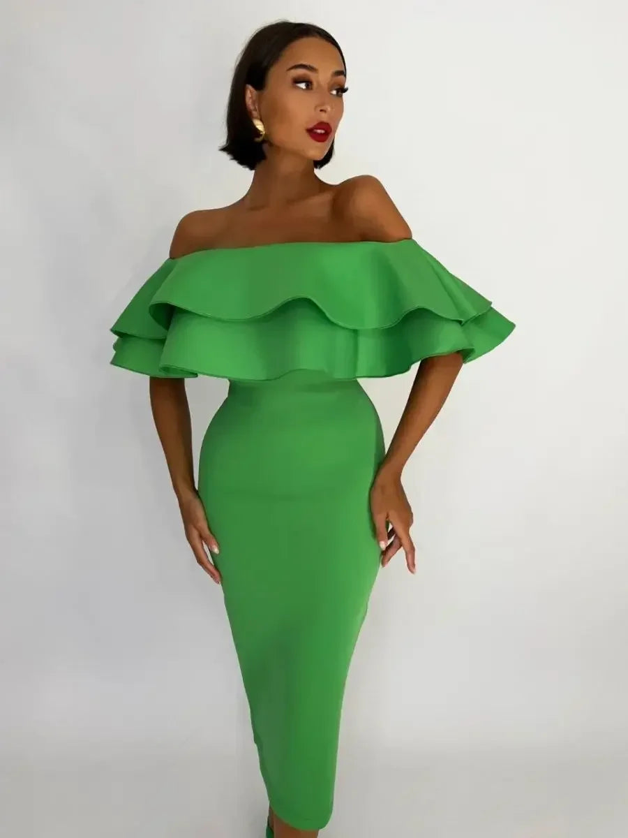 Green Bandage Dress Midi Elegant Woman Dress for Party Ruffle Sexy Off Shoulder Evening Birthday Club Outfit 2023 Summer