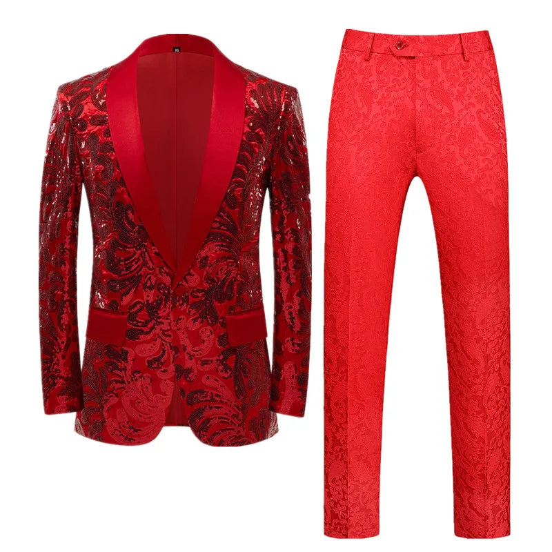 Red Sequin Blazer & Pants Set , Men's Shiny Party Outfit Suits for Weddings, Concerts & Festive Celebrations