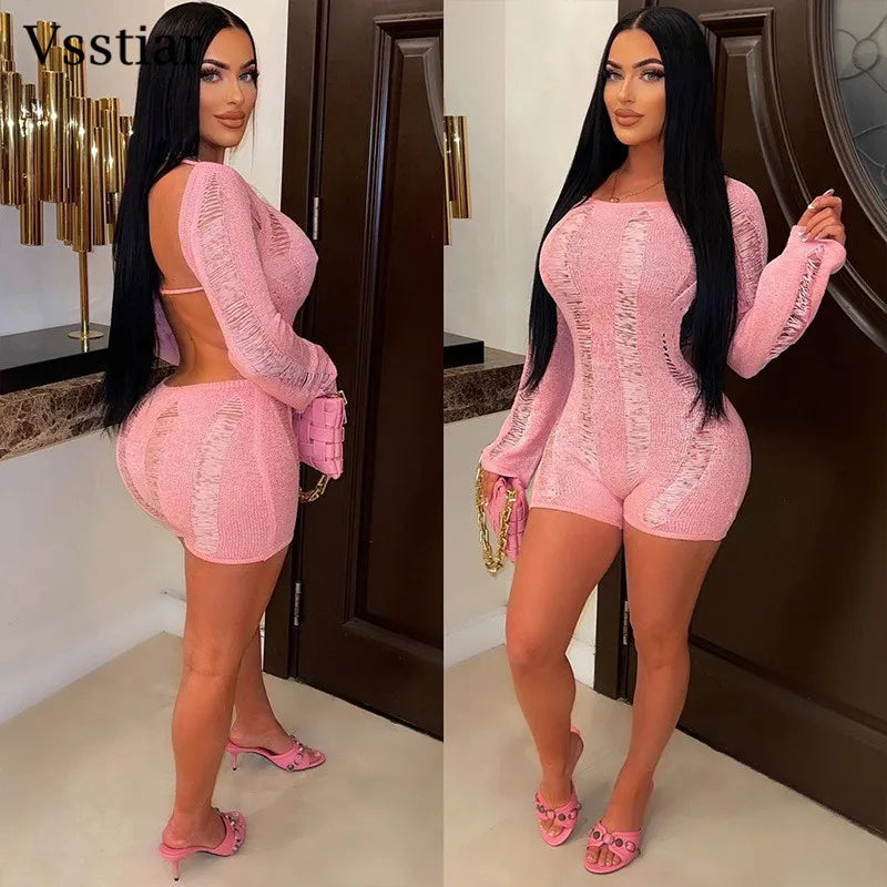 Vsstiar Sexy Hollow Out One Piece Women Playsuits Hipster Long Sleeve Backless Knitted Rompers See Through Summer Party Jumpsuit