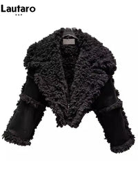 Lautaro Autumn Winter Short Hairy Thick Warm Black Faux Sheepskin Coat Women with Long Sleeve Luxury Designer Fluffy Jacket 2023